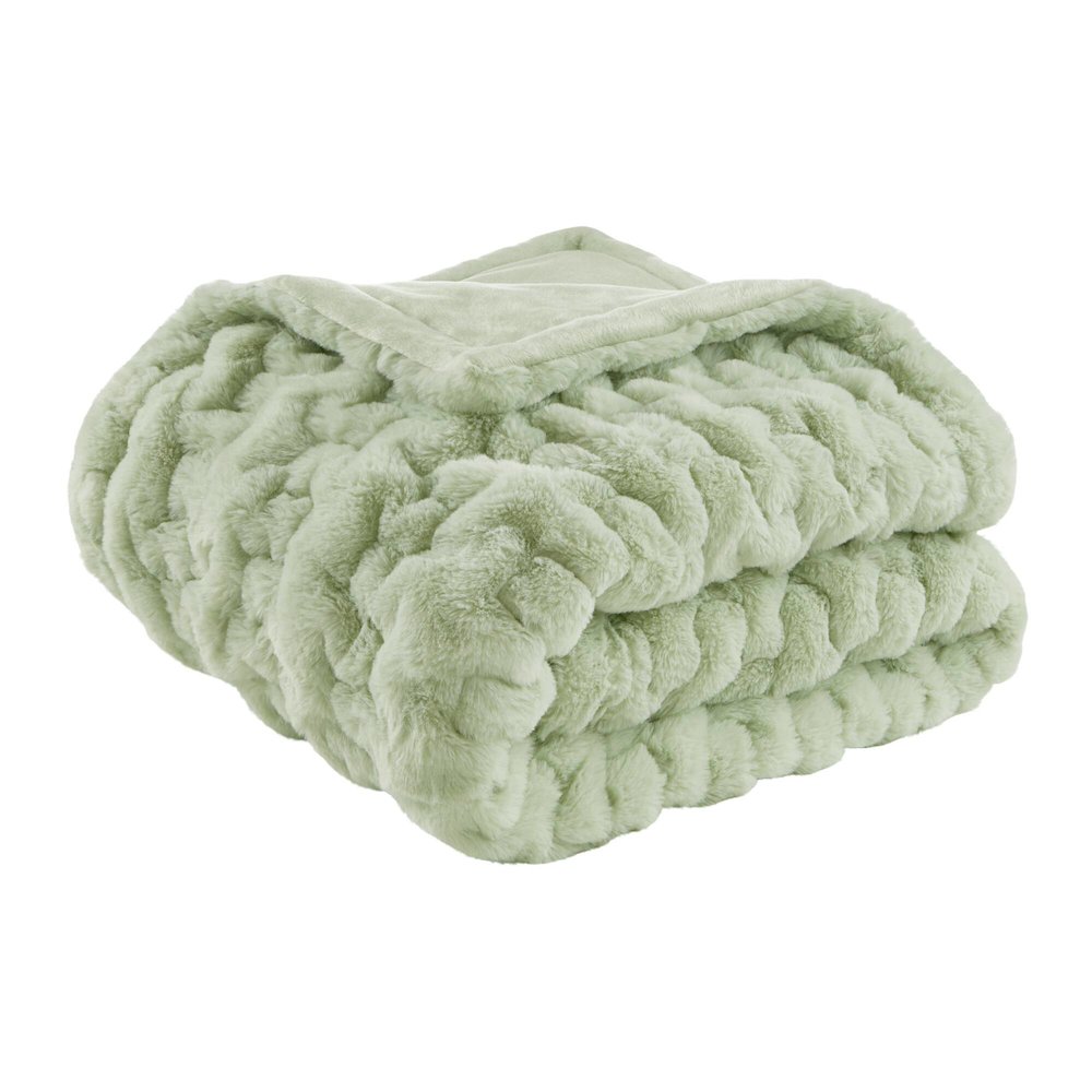 Ruched Fur Faux Fur Throw, Sage Green color