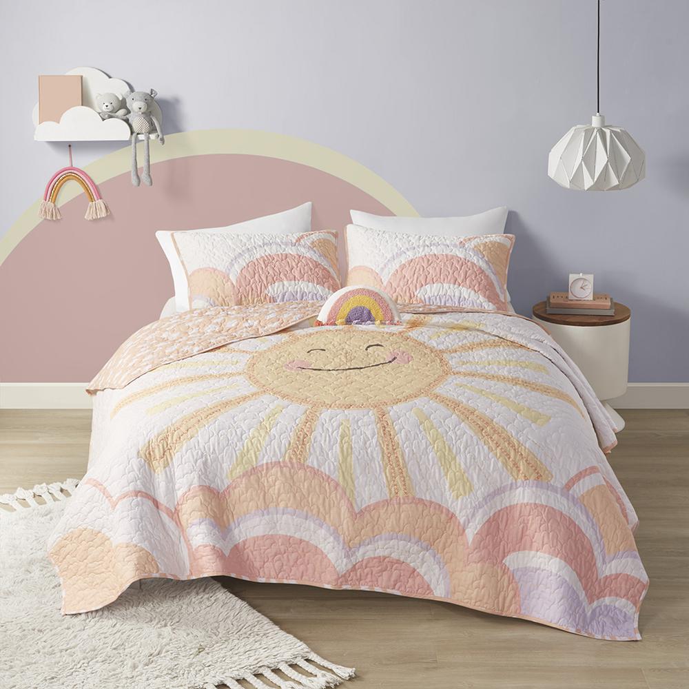 Reversible Sunshine Printed Cotton Quilt Set with Throw Pillow
