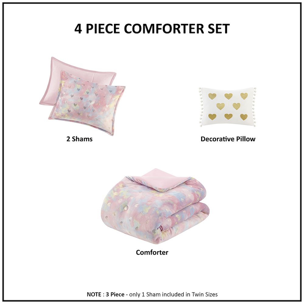 Metallic Printed Plush Comforter Set with Throw Pillow in Pink Multi/Gold Color