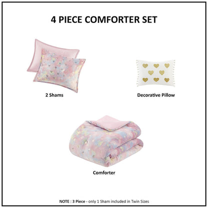 Metallic Printed Plush Comforter Set with Throw Pillow in Pink Multi/Gold Color