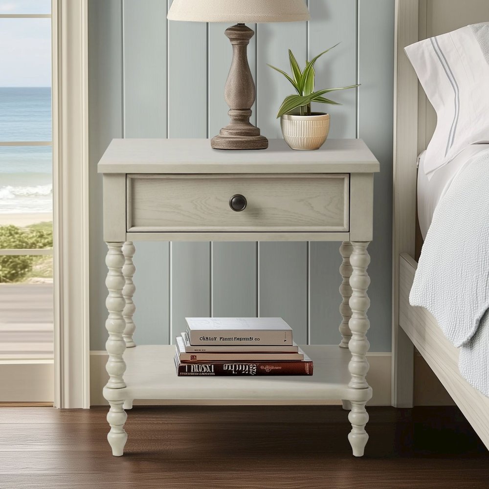 Beckett Turned Wood Spindle Nightstand with Drawer & Shelf