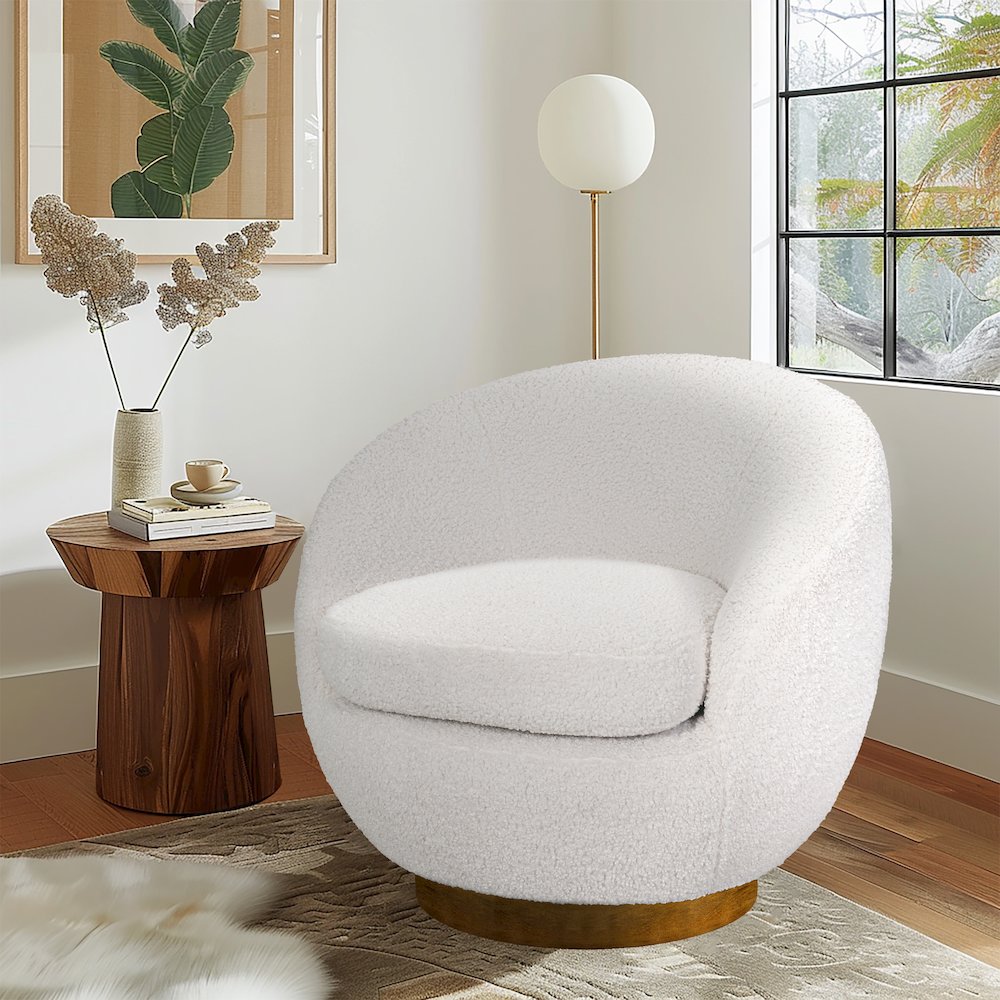 Jessel Shearling Sherpa Swivel Chair with Wood Base in Cream Color
