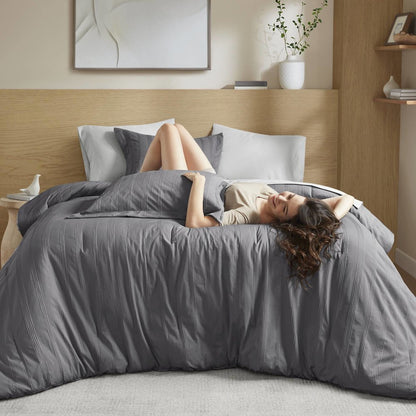Logan Woven Striped Comforter Set, Charcoal color