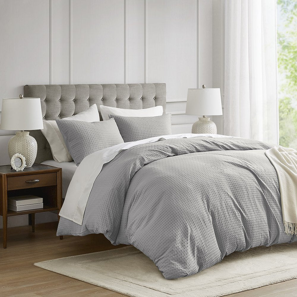 Mina Waffle Weave Textured Duvet Cover Set, Light Grey color