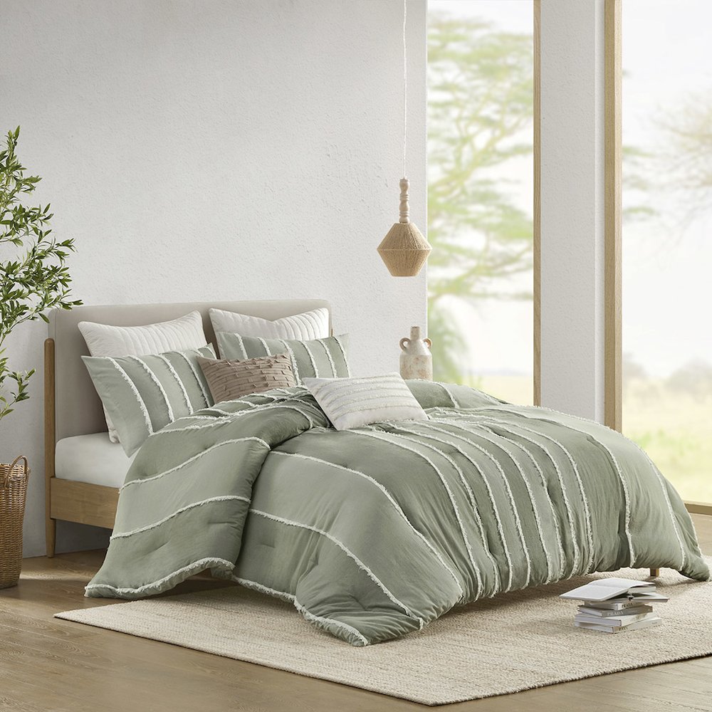 Shay 3 Piece Striped Cotton Comforter Set, Sage color