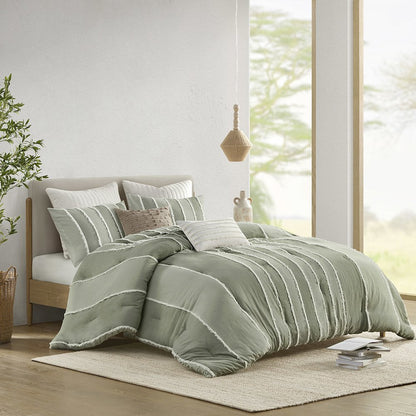 Shay 3 Piece Striped Cotton Comforter Set, Sage color