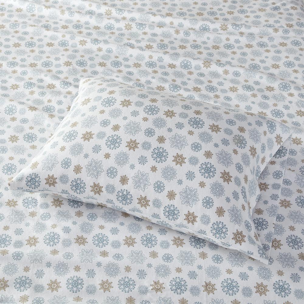 Cozy Flannel Printed Sheet Set, Tan/Blue Snowflakes color