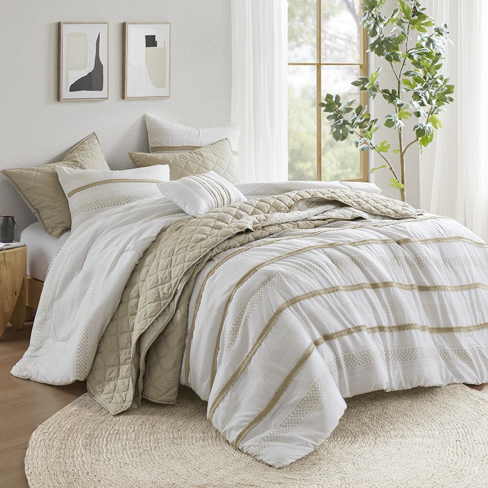 Carolina 7 Piece Stripe Comforter and Quilt Set, Taupe color