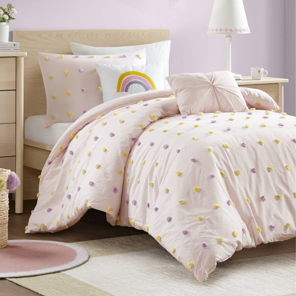 Callie Cotton Jacquard Pom Pom Comforter Set, Pink Multi color