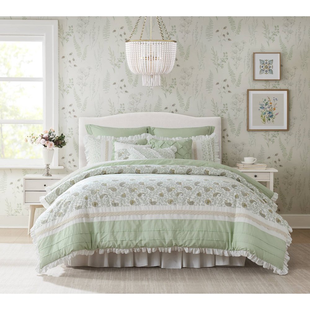 Dawn 9 Piece Cotton Percale Comforter Set, Sage Green color