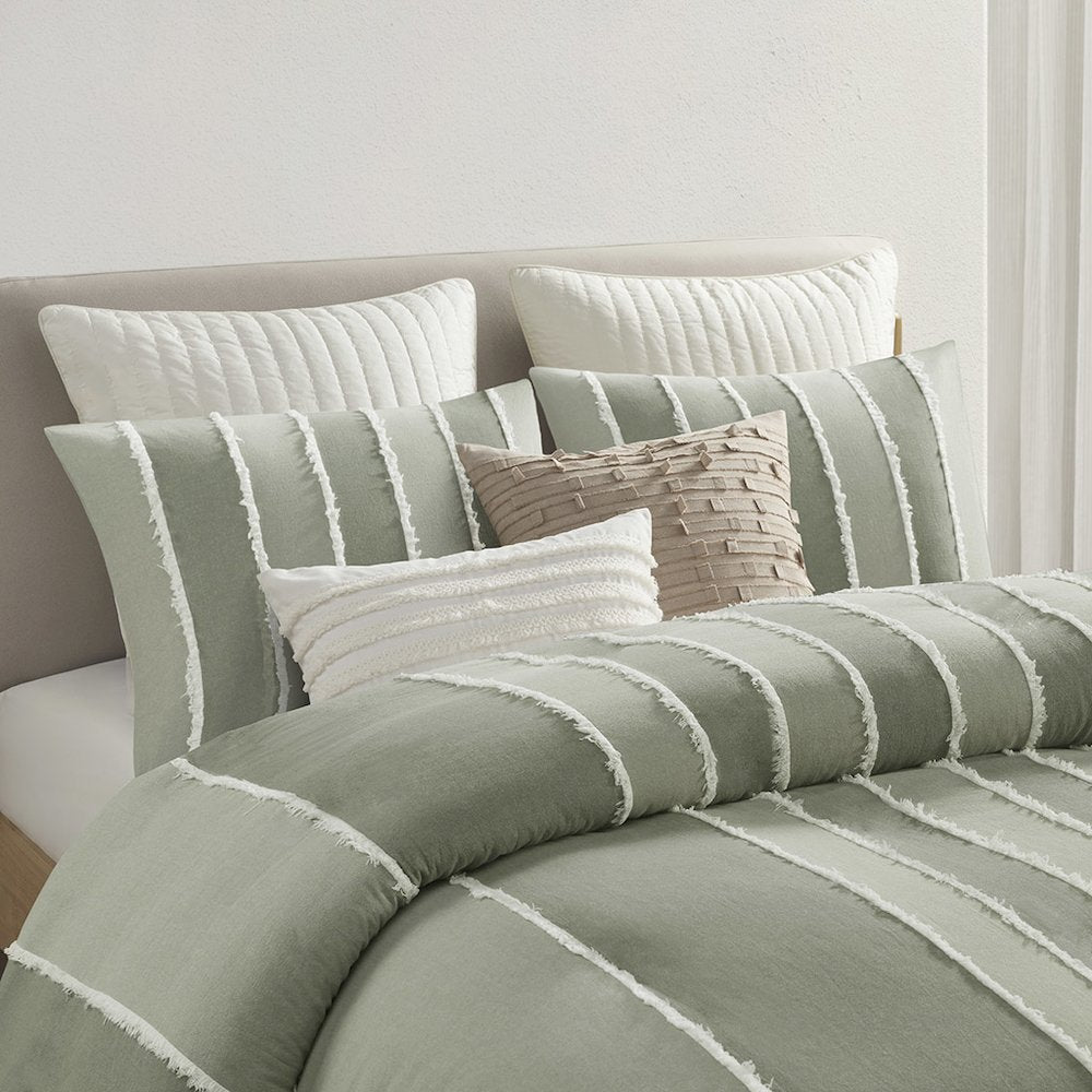 Shay 3 Piece Striped Cotton Duvet Cover Set, Sage color