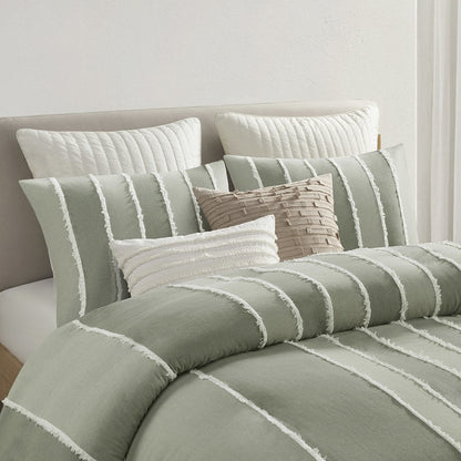 Shay 3 Piece Striped Cotton Duvet Cover Set, Sage color
