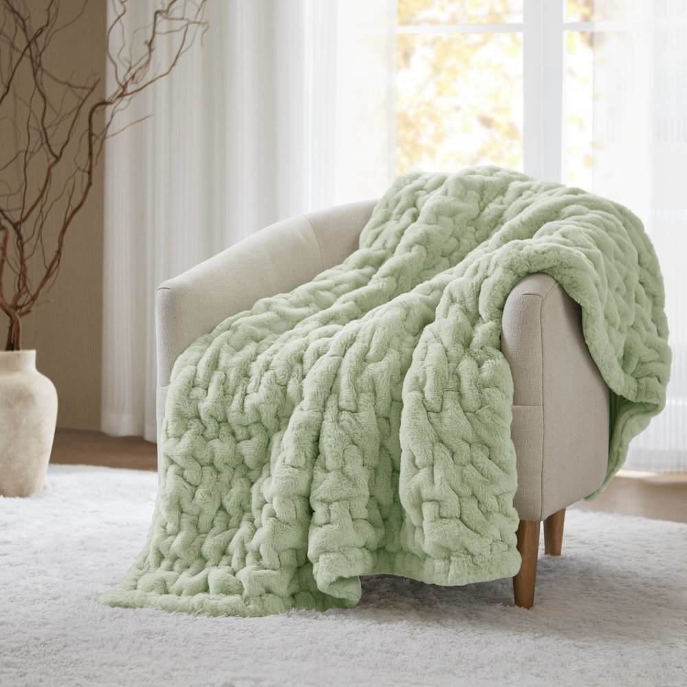 Ruched Fur Faux Fur Throw, Sage Green color