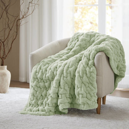 Ruched Fur Faux Fur Throw, Sage Green color