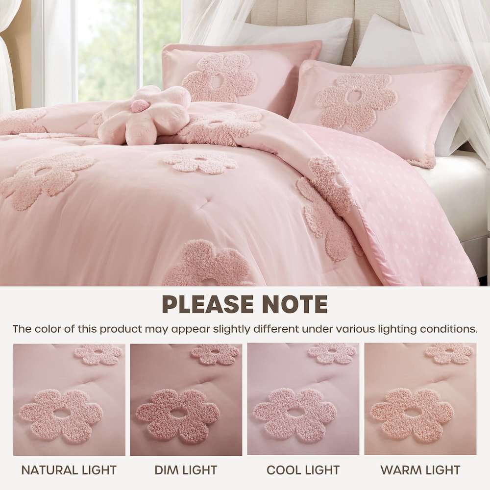 Floral Reversible Tufted Chenille Comforter Set with Flower Throw Pillow