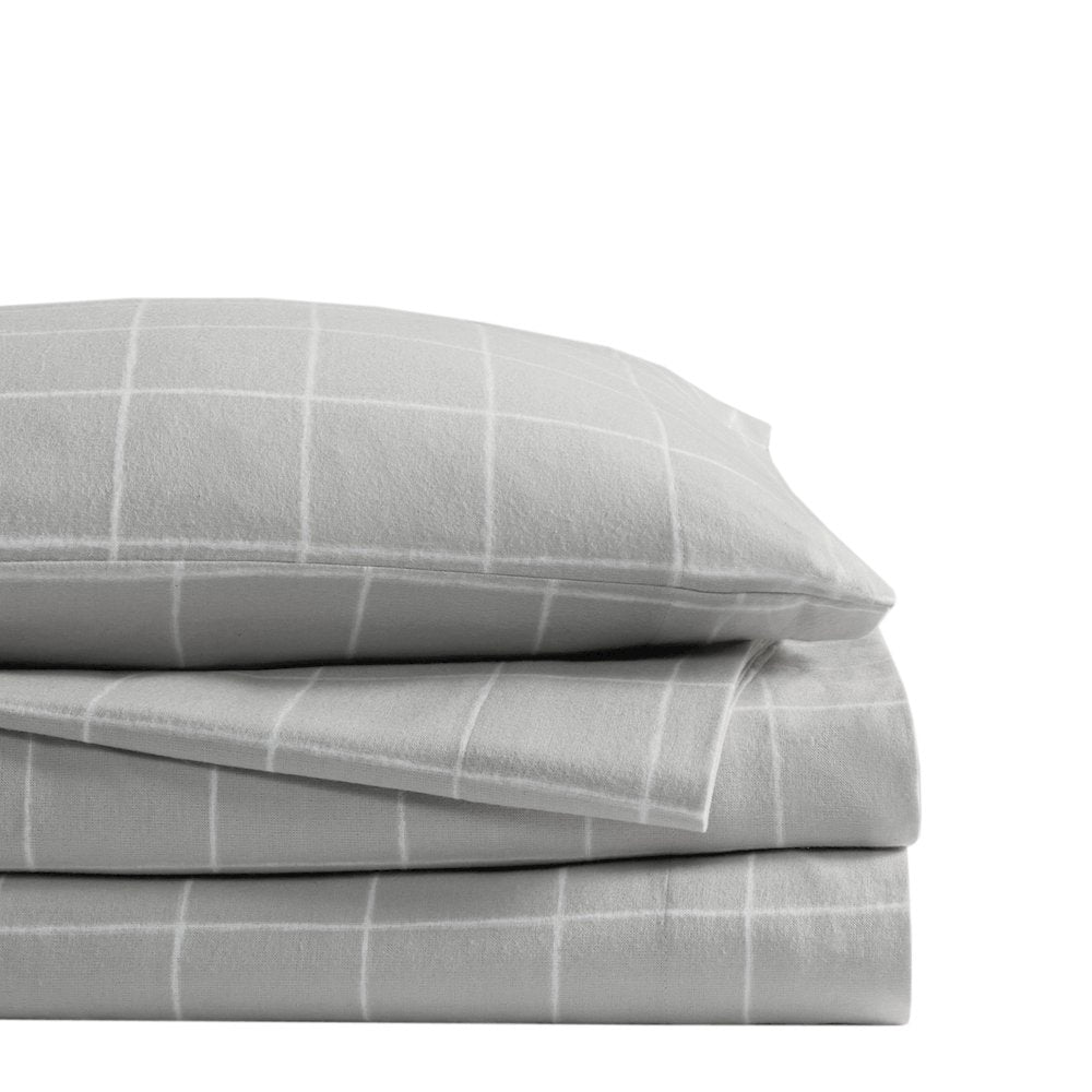 Cozy Flannel 100% Cotton Flannel Printed Sheet Set, Grey Windowpane color