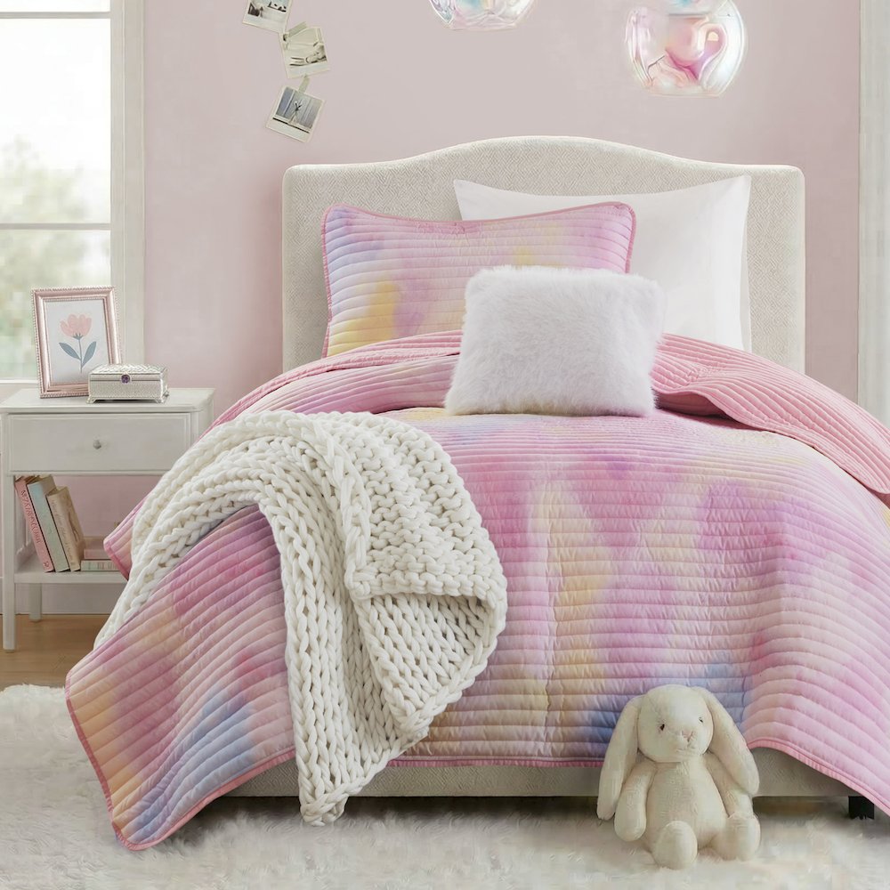 Cassiopeia Watercolor Tie Dye Printed Quilt Set with Throw Pillow