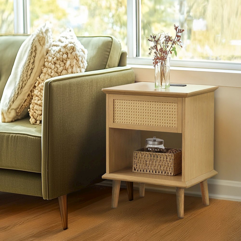 Rattan Accent Side Table with Drawer Storage & Lower Open Shelf