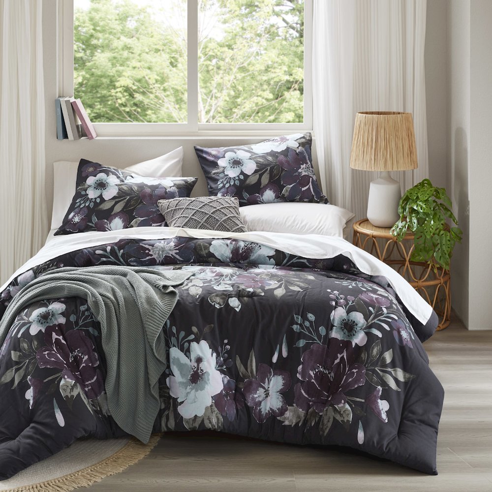 Jolene 3 Piece Cotton Printed Comforter Set, Dark Grey/Plum color