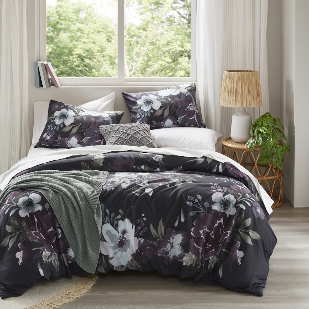 Jolene 3 Piece Cotton Duvet Cover Set, Dark Grey/Plum color