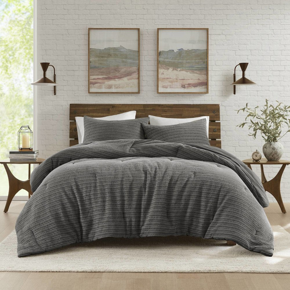 Lyon Waffle Washed Comforter Set, Charcoal color