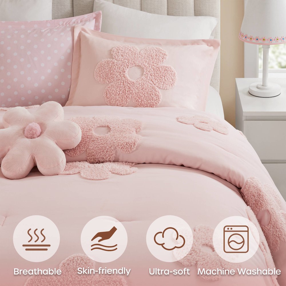 Floral Reversible Tufted Chenille Comforter Set with Flower Throw Pillow