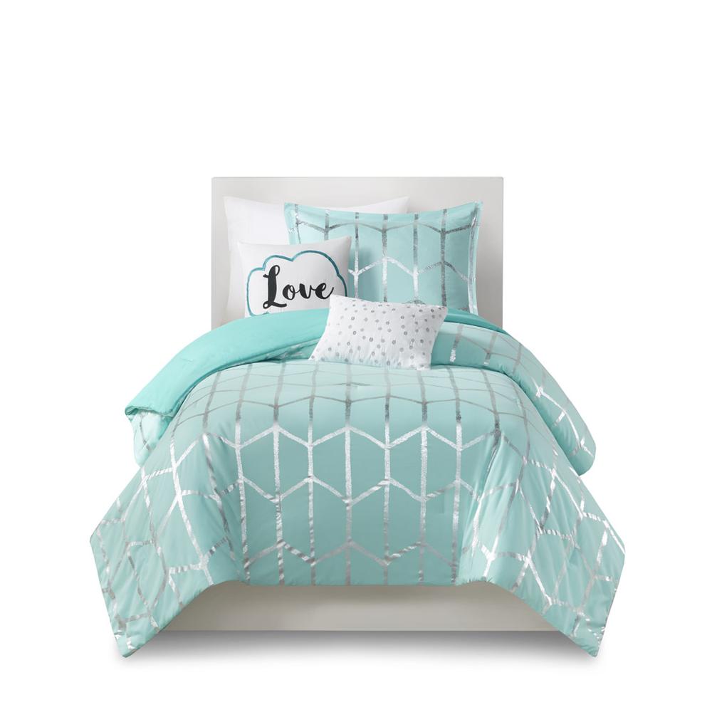 Raina Metallic Printed Comforter Set, Aqua/Silver color
