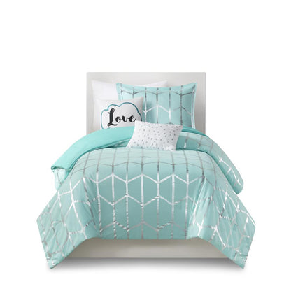Raina Metallic Printed Comforter Set, Aqua/Silver color