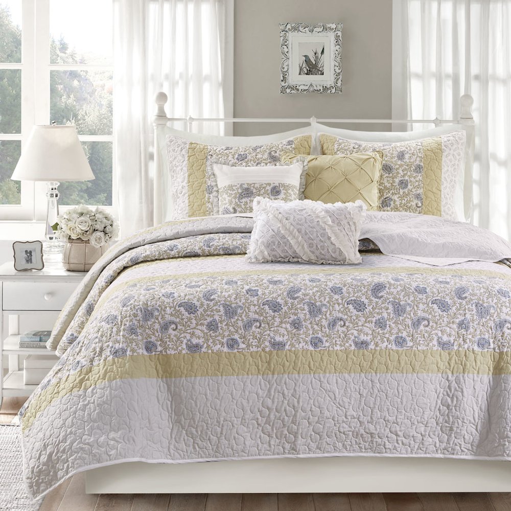 6 Piece Cotton Percale Quilt Set with Throw Pillows