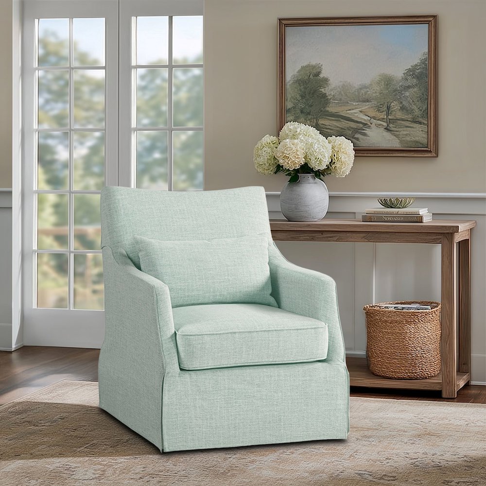 London Upholstered Skirted Swivel Armchair with Lumbar Pillow