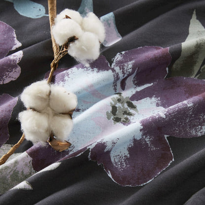Jolene 3 Piece Cotton Duvet Cover Set, Dark Grey/Plum color