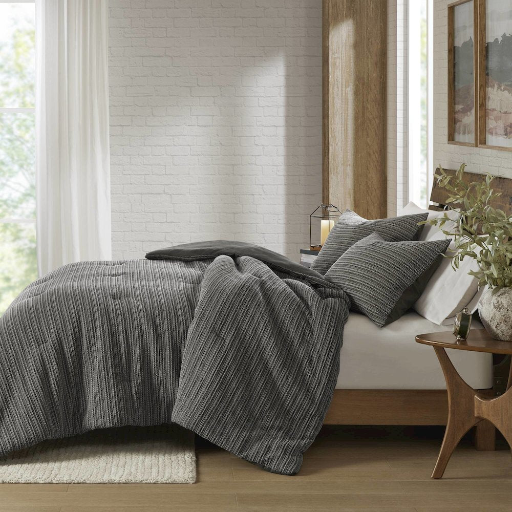 Lyon Waffle Washed Comforter Set, Charcoal color