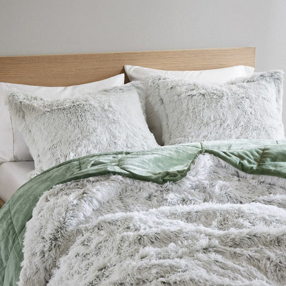 Malea Shaggy Faux Fur Comforter Mini Set in Green/White Color