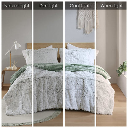Malea Shaggy Faux Fur Comforter Mini Set in Green/White Color