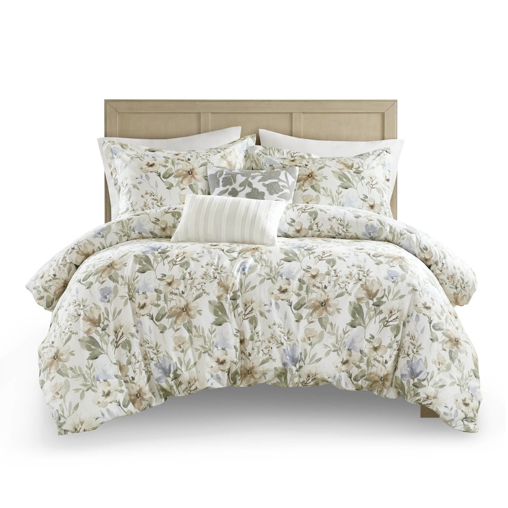 Herbal 5 Piece Cotton Sateen Print Duvet Set, Multi color