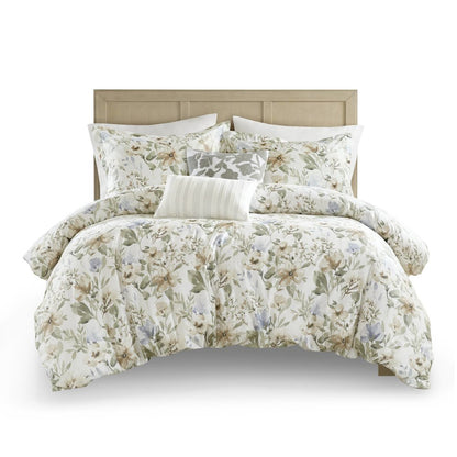 Herbal 5 Piece Cotton Sateen Print Duvet Set, Multi color