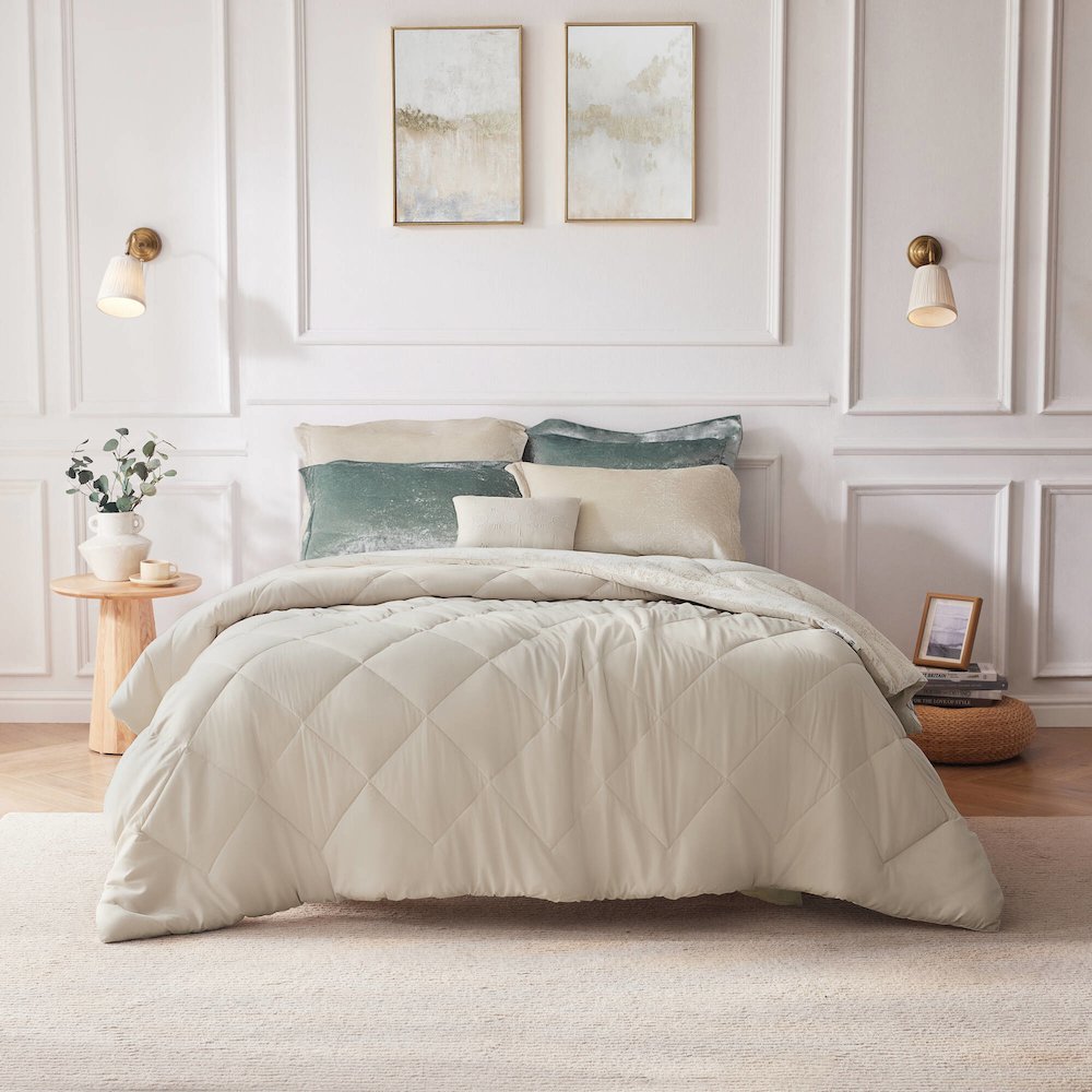 Felicia Velvet Comforter Set with Throw Pillow in Champagne Color