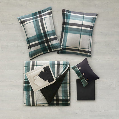 Robbie Plaid Comforter Set with Bed Sheets in Teal/Black Color