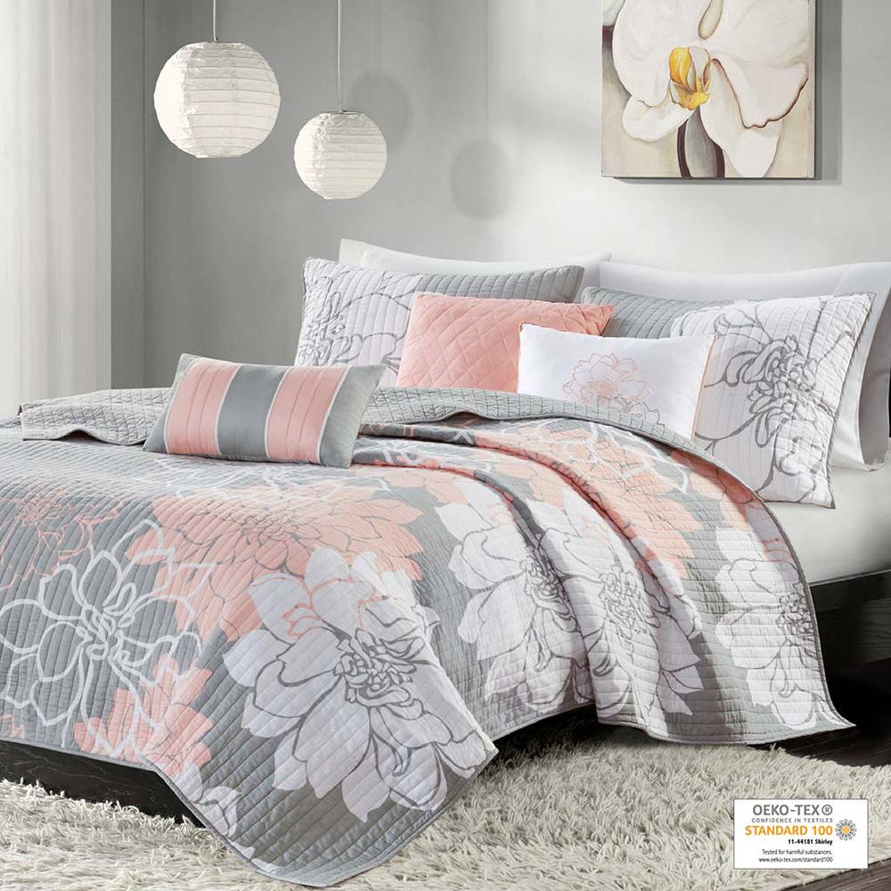 6 Piece Printed Cotton Quilt Set with Throw Pillows
