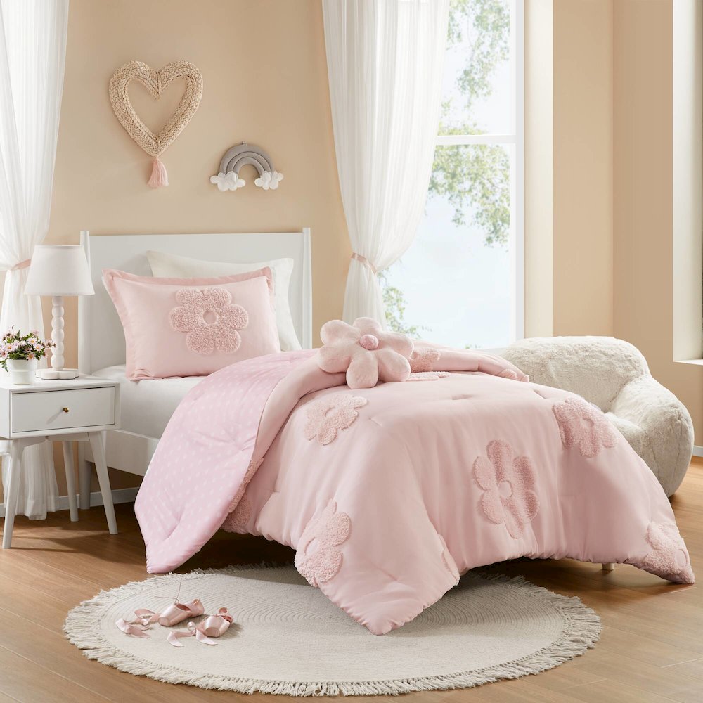 Floral Reversible Tufted Chenille Comforter Set with Flower Throw Pillow