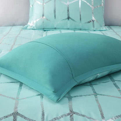 Raina Metallic Printed Comforter Set, Aqua/Silver color