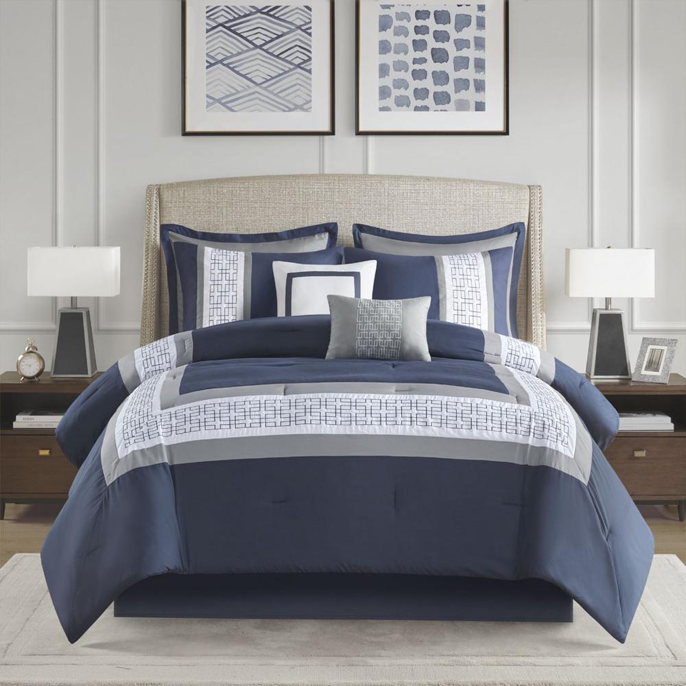 Powell 8 Piece Embroidered Comforter Set, Navy color