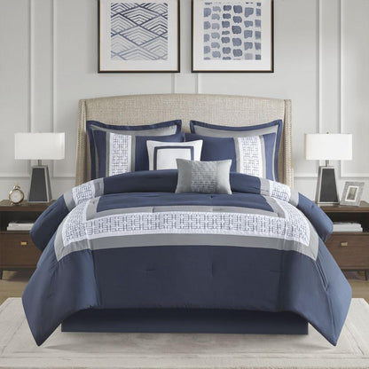 Powell 8 Piece Embroidered Comforter Set, Navy color