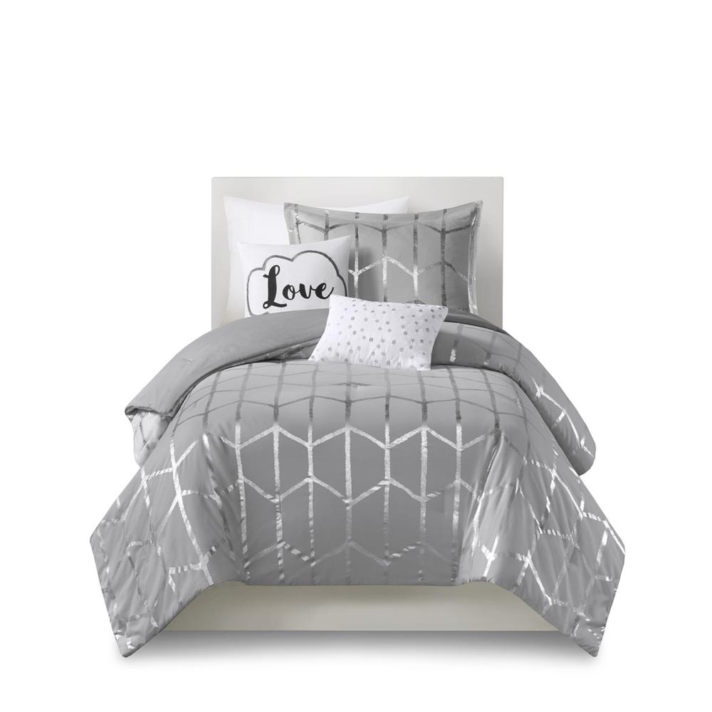 Raina Metallic Printed Comforter Set, Grey/Silver color