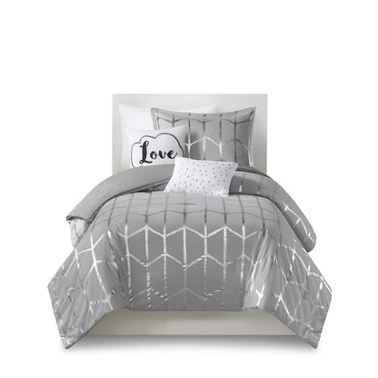 Raina Metallic Printed Comforter Set, Grey/Silver color