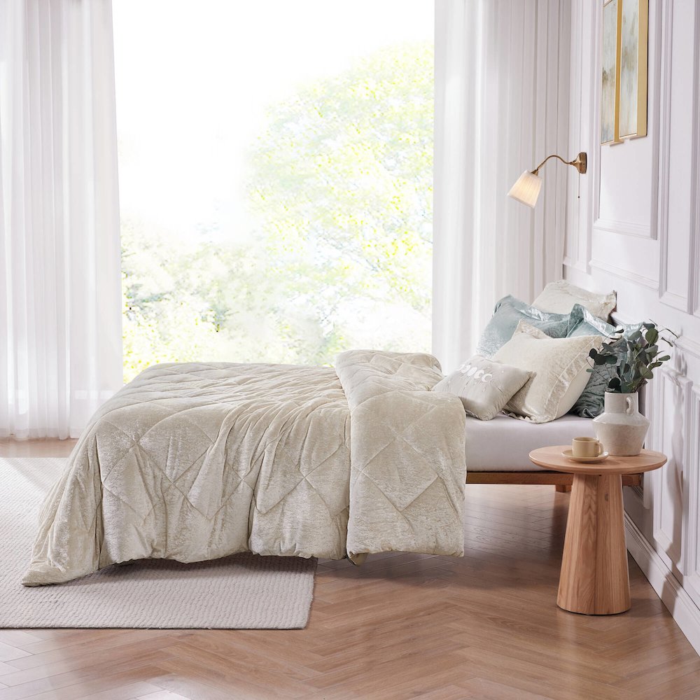 Felicia Velvet Duvet Cover Set with Throw Pillow in Champagne Color