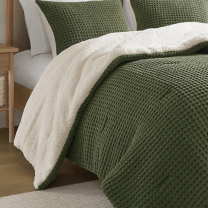 Riordan Waffle Knit Chenille Comforter Set, Olive color