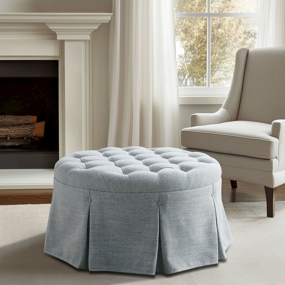 Terri Skirted Tufted 32" Round Ottoman, Light Blue color