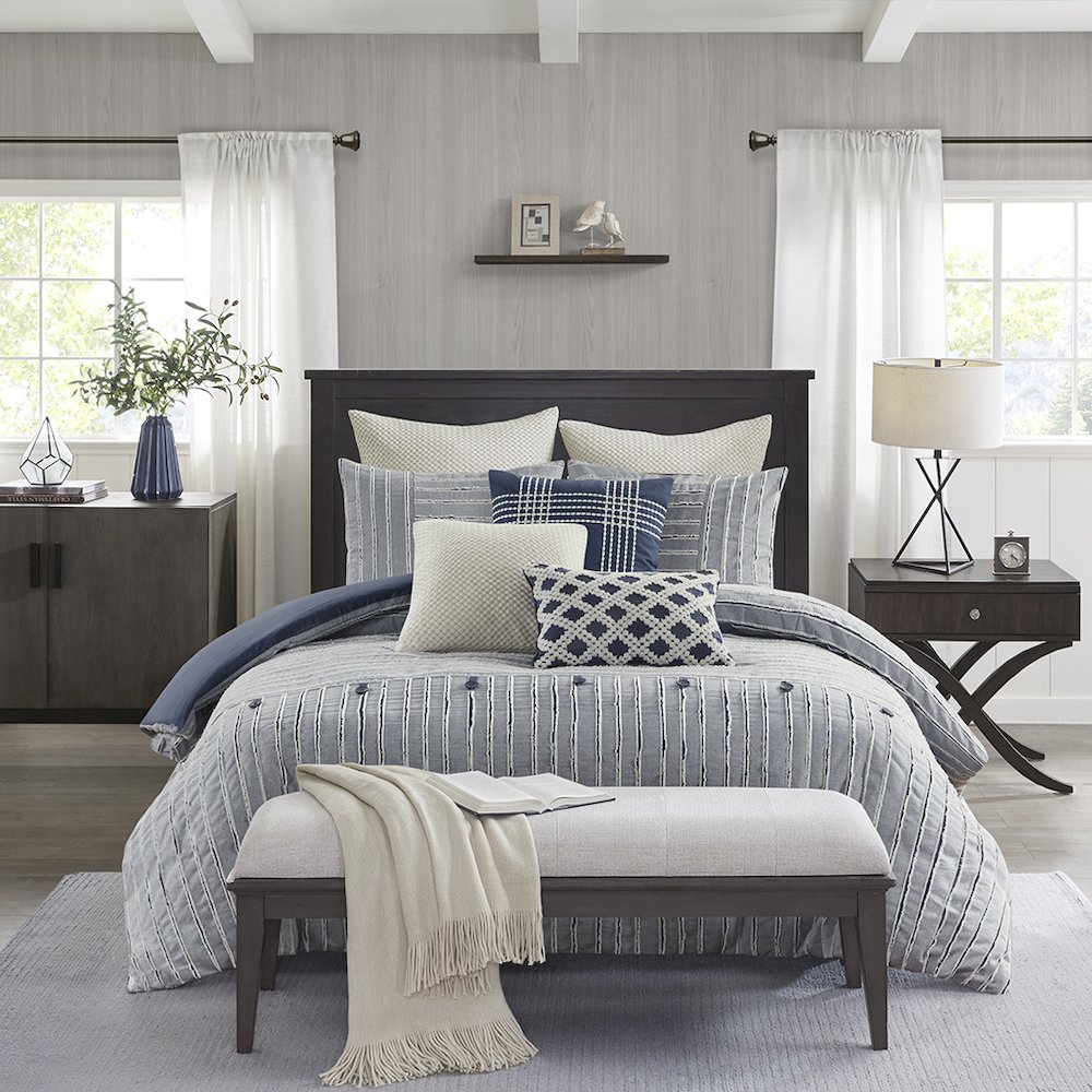 Cotton Clipped Jacquard Comforter Set with Euro Shams and Throw Pillows