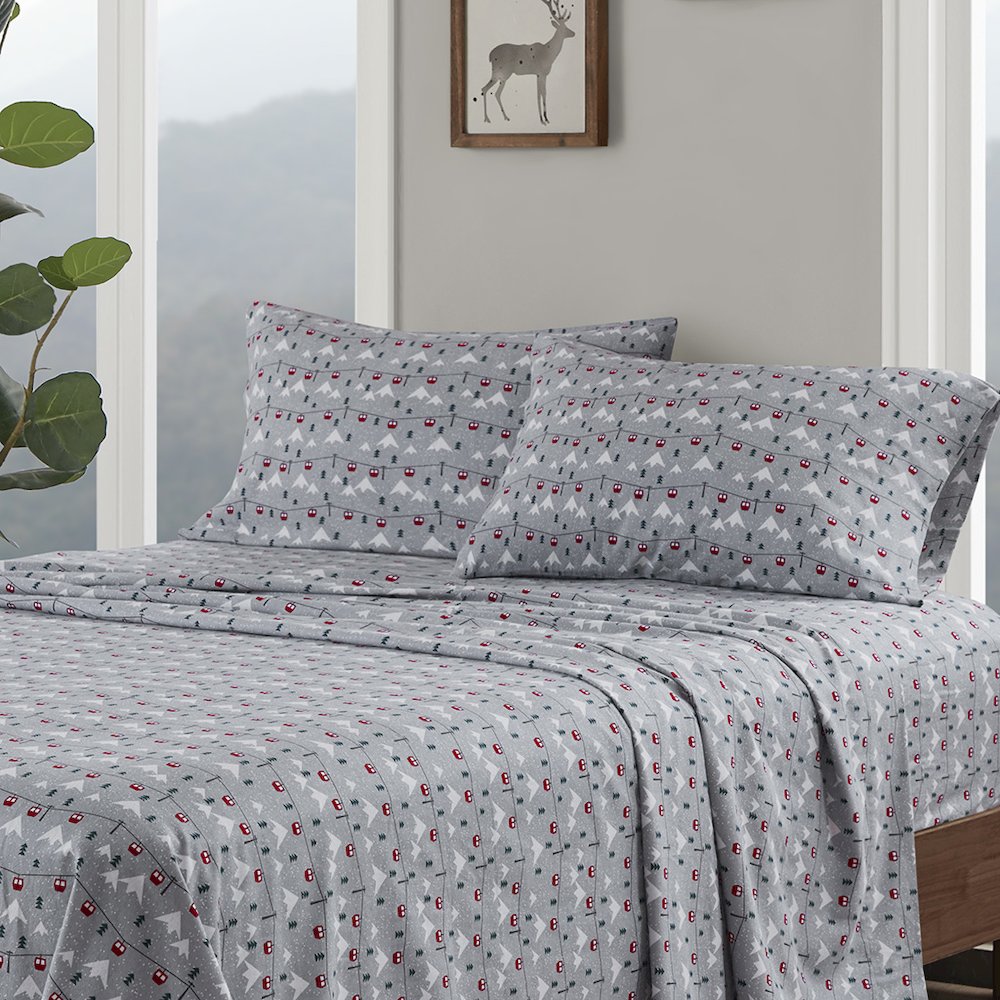 Cotton Flannel Sheet Set in Grey Ski Jump